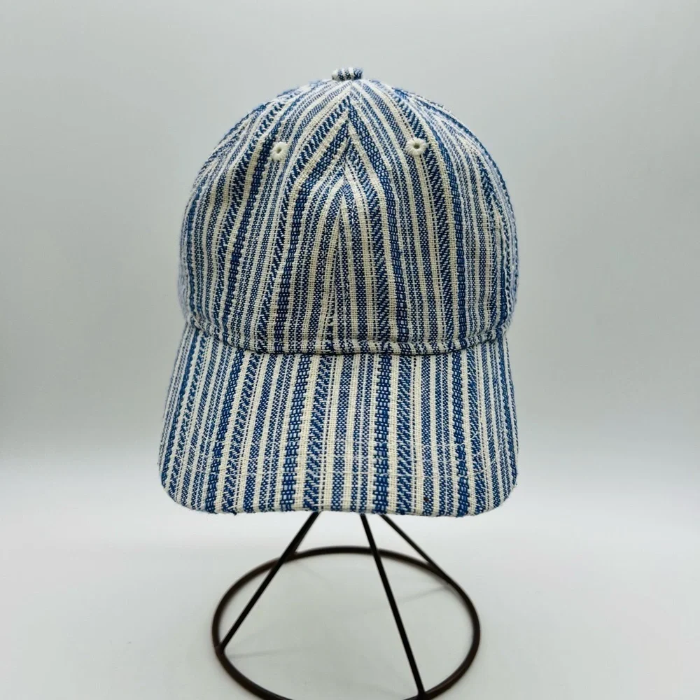 Madewell Navy and Cream Striped Ball cap with Adjustable Leather Strap